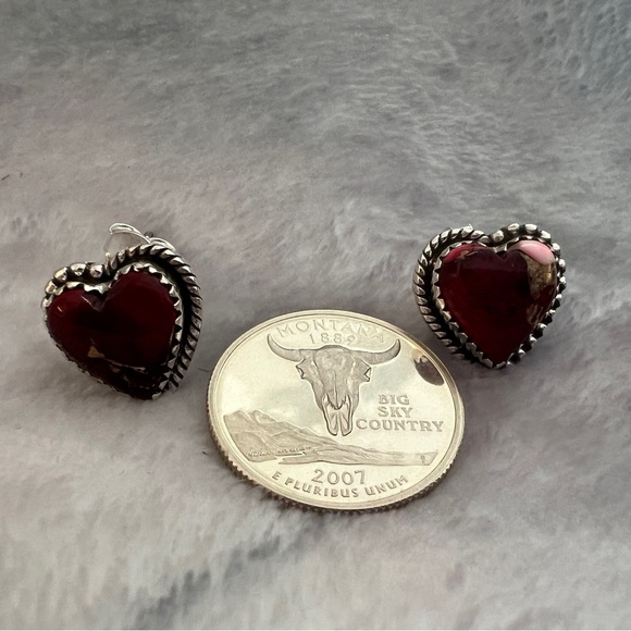 ❤️ Red Rose Pink Dahlia Turquoise 925 Southwestern Post Back Heart Earrings 7 gm - Picture 7 of 10